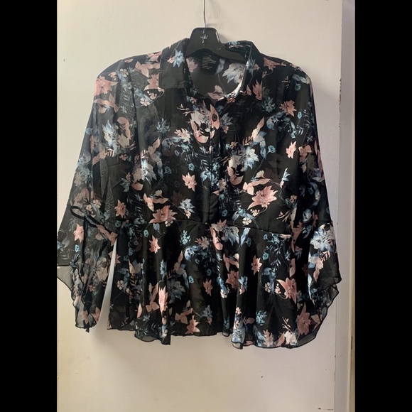 🌟Collared Sheer Blouse with Bell Sleeve - Picture 1 of 5